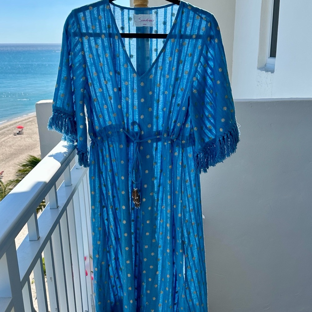 Sundress  Boho Teal Dress with Golden Stars and beaded tassels